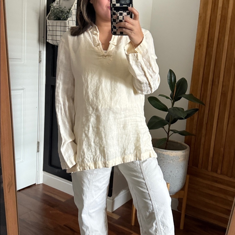 Vintage Lauren Ralph Lauren 100% Linen Mandarin Neckline Oversized Tunic. L - Picture 6 of 10